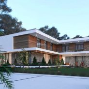 Projet 3D d'une villa contemporaine d'un étage. La villa est élaborée pour s'intégrer au mieux au milieu des pins avec un style moderne et des matériaux traditionnels