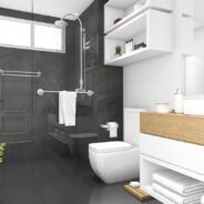 Conception d'une salle de bain extrêmement épurée avec douche italienne et paroi en verre protectrice