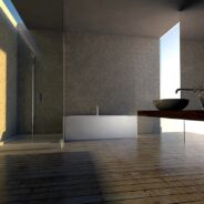 Projet 3D d'une salle de bain entièrement carrelée sol et mur