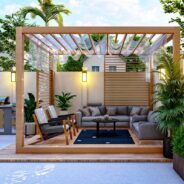Projet 3D d'une pergola en bois design pour agrémenter un espace vie dans un jardin de 200 m²